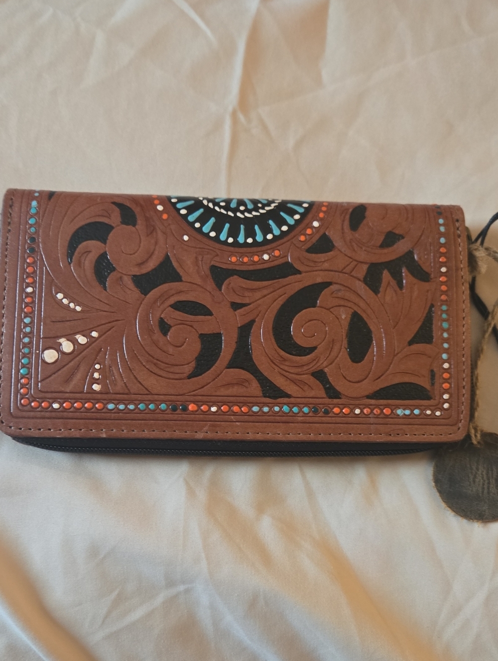 Western Myra Bag Brown Tooled Leather Wallet W/ Turquoise and Orange Studs NWT